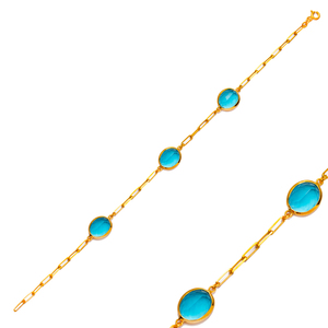 Aquamarine <b>Quartz</b> Triple Stone Oval 22K Gold Bezel Charm <b>Bracelet</b> 925 Silver Wholesale Jewelry - Product Image 1