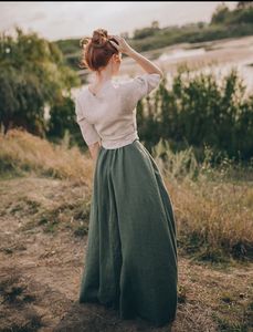 Jupe longue en lin vert à enrouler, poches, coton respirant, taille unique, style décontracté, uni, longueur au sol, taille naturelle - Product Image 5