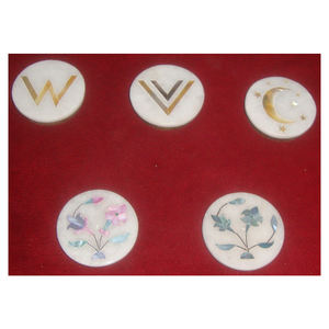 Top Design Best Handmade Indian Artisan Designer Pure <b>White</b> Marble Inlaid <b>Coaster</b> Set With Gold Mop - Product Image 1