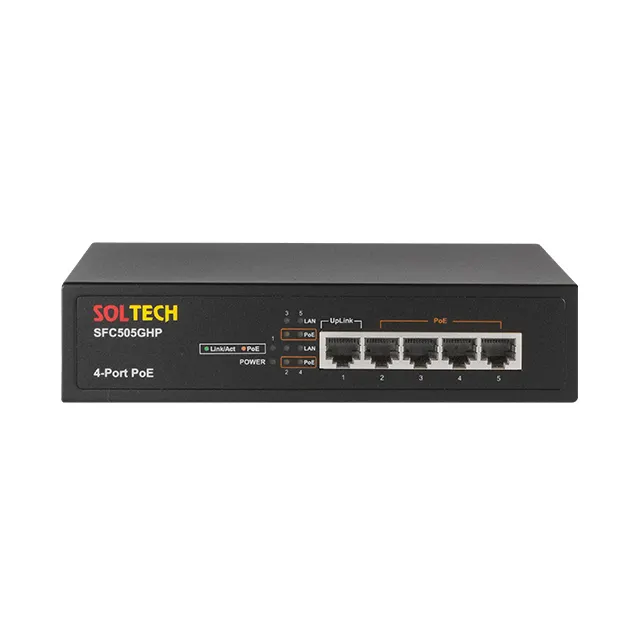 SOLTECH Unmanaged PoE Switch 5-Ports (802.3at 4-Ports) 10/100/1000Mbps TP Network Switches SFC505GHP-V2