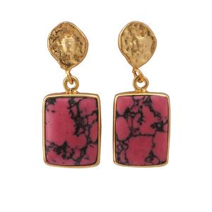 Jolies boucles d'oreilles en pierres précieuses turquoise rose plaqué or Designer bijoux suspendus Rectangle goutte Style boucles d'oreilles Push Back - Product Image 1