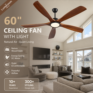 60 Inch Modern Solid Wood <b>Ceiling</b> Fan with <b>Light</b> DC Motor <b>Remote</b> <b>Control</b> Quiet LED <b>Ceiling</b> Fan for Bedroom Patio Living Room - Product Image 1