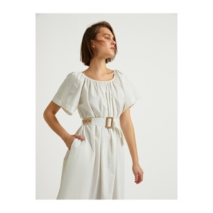 เดรสลำลองแขนสั้นความยาวระดับเข่าคุณภาพพรีเมียมสำหรับผู้หญิง คอปกจักรยาน พร้อมเข็มขัดลวด ทรงทันสมัย จากตุรกี - Product Image 4