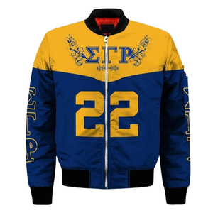 Chaqueta Universitaria Azul y Dorada de Satén SGRho Sigma Gamma Rho 1922, Chaqueta Bomber con Bordado Griego, Estilo Femenino de Hermandad - Product Image 1