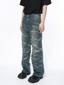 Pantalón de mezclilla suelto recto holgado para hombre ropa de calle de tela amigable pierna ancha 100% algodón solapa bolsillo lateral Cargo Jeans logotipo personalizado - Product Image 2