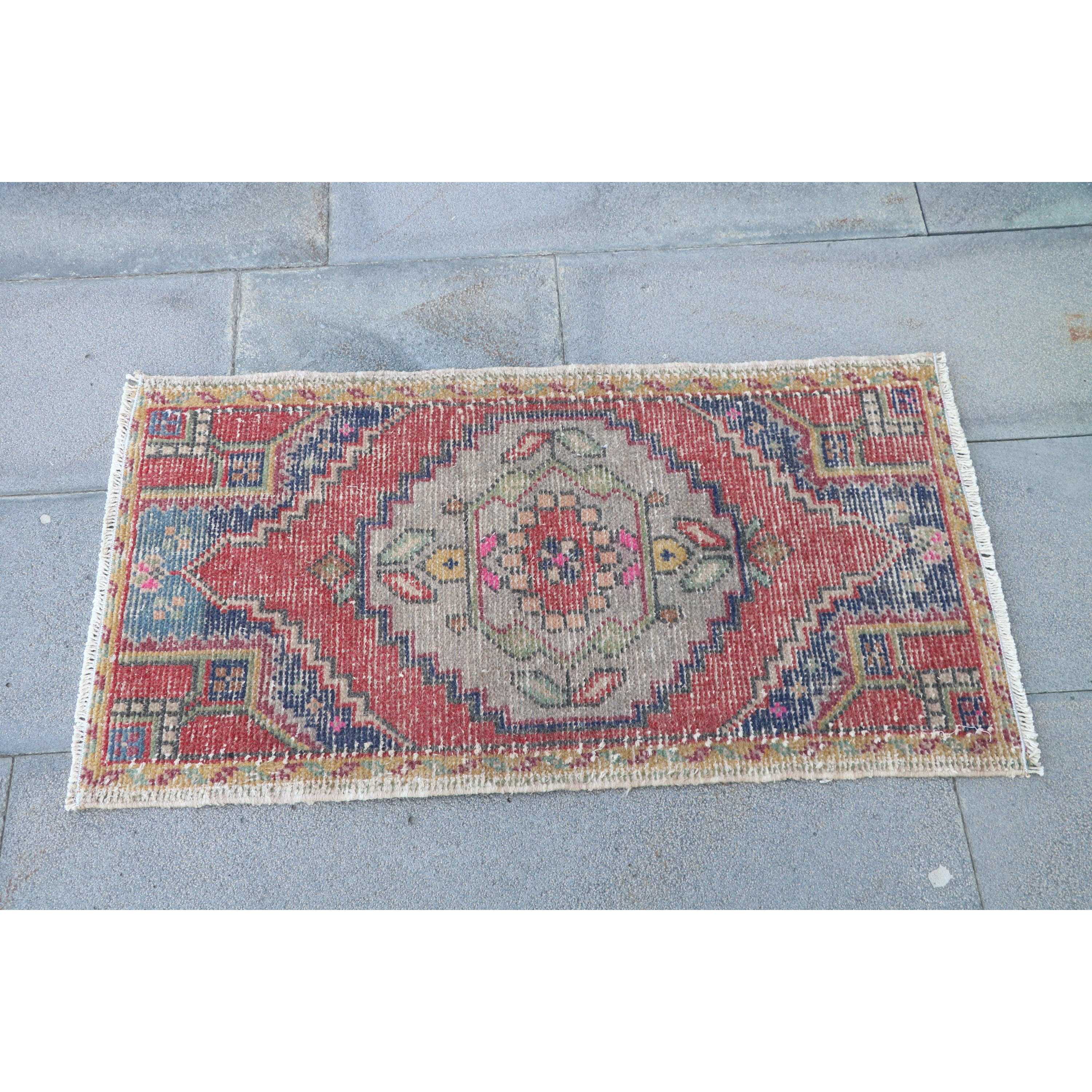 Turkish 3x3 ft Rug, Small Vintage Rug, Red Animal Print Wool Rug