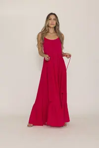 Attrayant vacances plage rouge sans manches vêtements femmes Boho col rond plaine dos nu longue Boho longue Maxi robe - Product Image 2