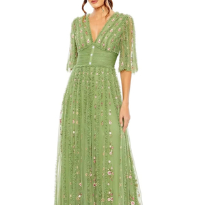 V Neck Heavy Beaded Hand Embellished Short Sleeve Long dress Women's Bodice <b>Prom</b> Dress <b>Party</b> Evening Dresses - Product Image 1