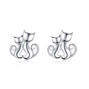Orecchini a Perno in Argento Sterling a Forma di Gatto Madre e Figlia, Placcati in Rodio con Zirconi, per Matrimoni, Fidanzamenti e Feste - Product Image 1