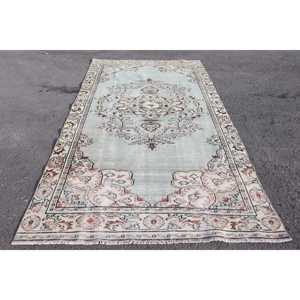 พรมวินเทจขนาด 5.3x9.8 ฟุต พรมตุรกีขนาดใหญ่ พรมสีน้ำเงินขาวล้วน - Product Image 1