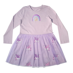 Robe élégante pour filles vêtements pour enfants prix abordables 100% coton rose et lilas col rond - Product Image 1