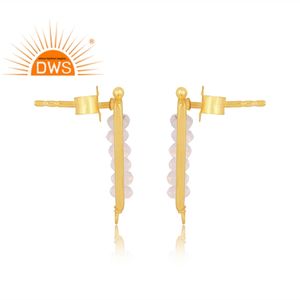 Mejor calidad de plata esterlina 18K chapado en oro Natural Arco Iris Luna piedra con cuentas Stud pendiente Demi joyería fina fabricante - Product Image 3