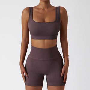 Soutien-gorge et pantalon à taille élastique Ensemble de yoga pour femmes sans coutures de haute qualité Ensemble court de yoga en polyester pour femmes vente à chaud - Product Image 5