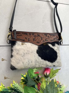 Western Bohemian Style Cowhide Leather Handtooled Sling Bag Unisex Zipper Closure with <b>Nylon</b> Lining Hot Selling Handmade <b>Handbag</b> - Product Image 2