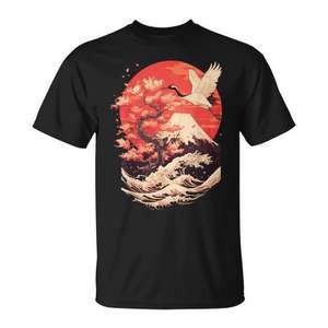 T-shirt con gru giapponese e fiori di ciliegio, design promozionale in stile giapponese - Product Image 1