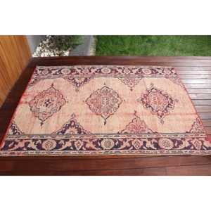 Turkish Area Rug 4.3x6 ft, <b>Red</b> Blue Floral Rug <b>Wool</b> - Product Image 3