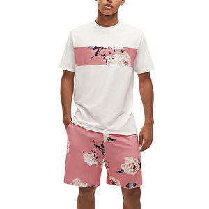 Ensemble chemise et short décontracté pour homme en été, avec impression par transfert thermique personnalisée, tissu tricoté 450g - Product Image 1