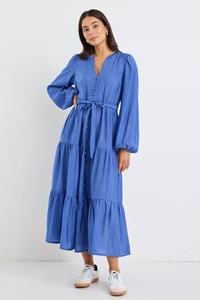 2025 azul de manga larga con cuello en V para mujer Maxi vestido bohemio 100% tela de rayón hasta el tobillo Casual Maxi vestido para mujer - Product Image 5
