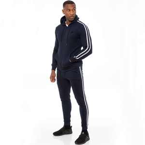 Ensemble de survêtement d'hiver personnalisé pour homme, couleur unie, 100 % coton extensible, avec bande latérale, vêtements de sport 2 pièces, sweat à capuche et pantalon de jogging zippé - Product Image 3