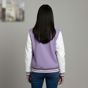 Blouson Bomber Varsity Femme Personnalisé Haut de Gamme Bicolore avec Doublure en Coton et Doublure en Satin Écologique, Rivets et Broderies - Product Image 3