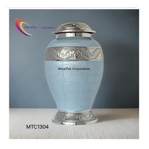 Urna de cremación de Color esmaltado azul cielo para cenizas con tapa, banda grabada Floral plateada, urnas decorativas para cenizas de recuerdo de entierro funerario - Product Image 1
