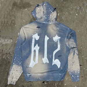 Venta al por mayor lavado ácido desgastado Sudadera con capucha gota hombro peso pesado impresión cristal sol desteñido pulóver diamantes de imitación sudaderas con capucha hombres - Product Image 4
