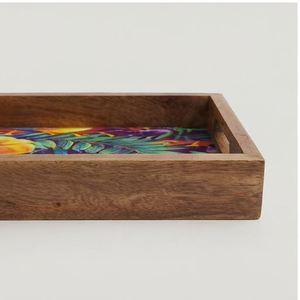 Bandeja Decorativa Rectangular de Madera Hecha a Mano con Diseño Floral Vibrante Esmaltado, Estilo Bohemio, Pieza Única Artesanal - Product Image 2