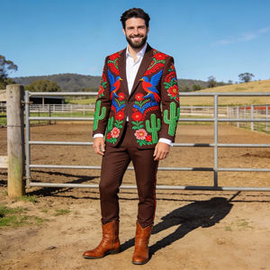 Conjunto de Traje Bordado Estilo Vaquero para Hombre en Color Marrón con Diseño de Aves y Flores, Blazer y Pantalones Estilo Cowboy - Product Image 1