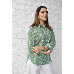 Camisa de Popelina de Algodón con Estampado Floral Verde y Blanco para Mujer, Informal, Manga 3/4, para Uso Diario en Primavera/Verano - Product Image 3