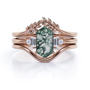 Bague de mariage trio hexagonal en argent sterling 0,8 carat pour femme, gravée feuille, avec agate mousse naturelle et moissanite, classique pour anniversaire et fête - Product Image 5
