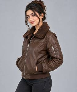 Brown Winter PU Leather Woven Bomber <b>Jacket</b> <b>Fur</b> Collar Zipper Sherpa <b>Lined</b> for Women Streetwear - Product Image 3
