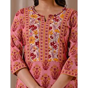 Casual <b>Peach</b> Butta Block Printed Straight Kurta Set Spring/Summer Three-Quarter Sleeve Afghani <b>Top</b> - Product Image 2