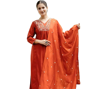 Robe Anarkali à col en V, longueur genou, couleur personnalisée, avec ensemble dupatta pour femmes, tenue de soirée, tissu en soie - Product Image 1