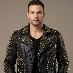 Chaqueta de Motociclista de Manga Larga con Pedrería de Alta Calidad para Hombre, de Lana, Resistente al Viento, para Otoño e Invierno, Última Moda, Cuero Genuino - Product Image 2