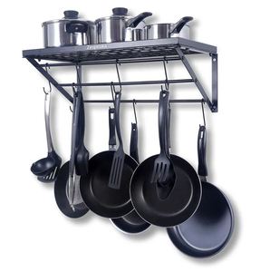Support mural en acier pour casseroles, couvercles et ustensiles, avec crochets de suspension, organiseur de cuisine, fabriqué en Inde - Product Image 4