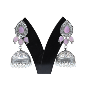 เครื่องประดับต่างหู jhumka ลูกปัดหินสีเงินออกแบบอย่างสวยงามสำหรับผู้หญิงและผู้หญิง - Product Image 5