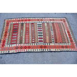 Alfombra de lana blanca y roja Kilim de área grande, 3,3x5,8 pies, tejido plano turco, respaldo de látex, patrón rectangular para pasillo, Alfombra de habitación modelo - Product Image 3