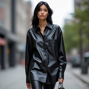 Letterman Vintage Faux <b>Leather</b> Casual <b>Shirts</b> for Women Oversize Loose Fit Button Fashion Motor Bike Outerwear Winter Style Front - Product Image 3