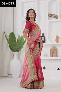 Saree en soie Chinon de style indien et pakistanais avec broderie Codding Design Work Heavy Saree Collections pour vêtements de mariage - Product Image 6