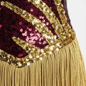 Costume de danse de luxe scintillant bordeaux avec accents de paillettes dorées, tenue de performance avec gants à paillettes assortis pour spectacle sur scène - Product Image 5