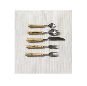 Ensemble de couverts en acier inoxydable plaqué argent avec manche en rotin tendance, lavable au lave-vaisselle, durable, miroir - Product Image 1