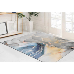 Tapis imprimé marbre aux tons doux, tapis moderne de luxe antidérapant, tapis fin non tissé - Product Image 4