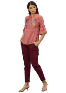 กางเกงขายาวผ้าฝ้ายเนื้อนุ่มระบายอากาศได้ดีสำหรับผู้หญิง สีมารูน ทรงปกติ ใส่สบาย เหมาะสำหรับใส่ทำงานหรือเดินทาง - Product Image 2