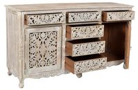 Buffet rustique en teck massif sculpté à la main, écologique, durable, design floral, sablé, meuble vintage pour chambre à coucher