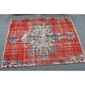 Tapis turc 3,9x5,1 pieds, tapis d'appoint vintage, tapis en laine rouge et bleu à motifs floraux - Product Image 3
