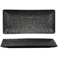 Services de vaisselle en céramique et porcelaine, collection d'assiettes rectangulaires, noir mat, blanc sous-glaçure, texture aspect tissu, bord large, durable