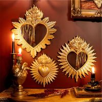 Miroir mural en forme de cœur Milagro fait à la main, art populaire mexicain, miroir en métal décoratif en forme de soleil avec des cristaux pour cadeau et boutique