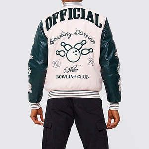 Chaquetas de Hombre de Alta Calidad, Chaqueta Universitaria Personalizada para Club de Bolos, Estilo Béisbol, Verde y Blanca con Bordado y Parches - Product Image 4