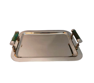Plateau rectangulaire portable en acier inoxydable avec poignée en bois, facile à nettoyer, réutilisable, vaisselle de cuisine pour la restauration, les bars et les cafés - Product Image 1