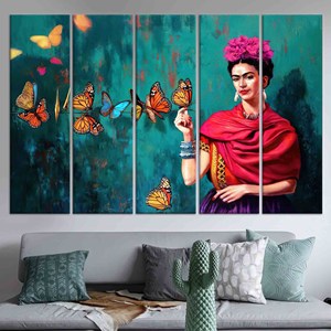 Impresión en Lienzo de Frida Kahlo con Mariposas: Elegante Arte de Pared Personalizado, Juego de 5 Lienzos - Product Image 1